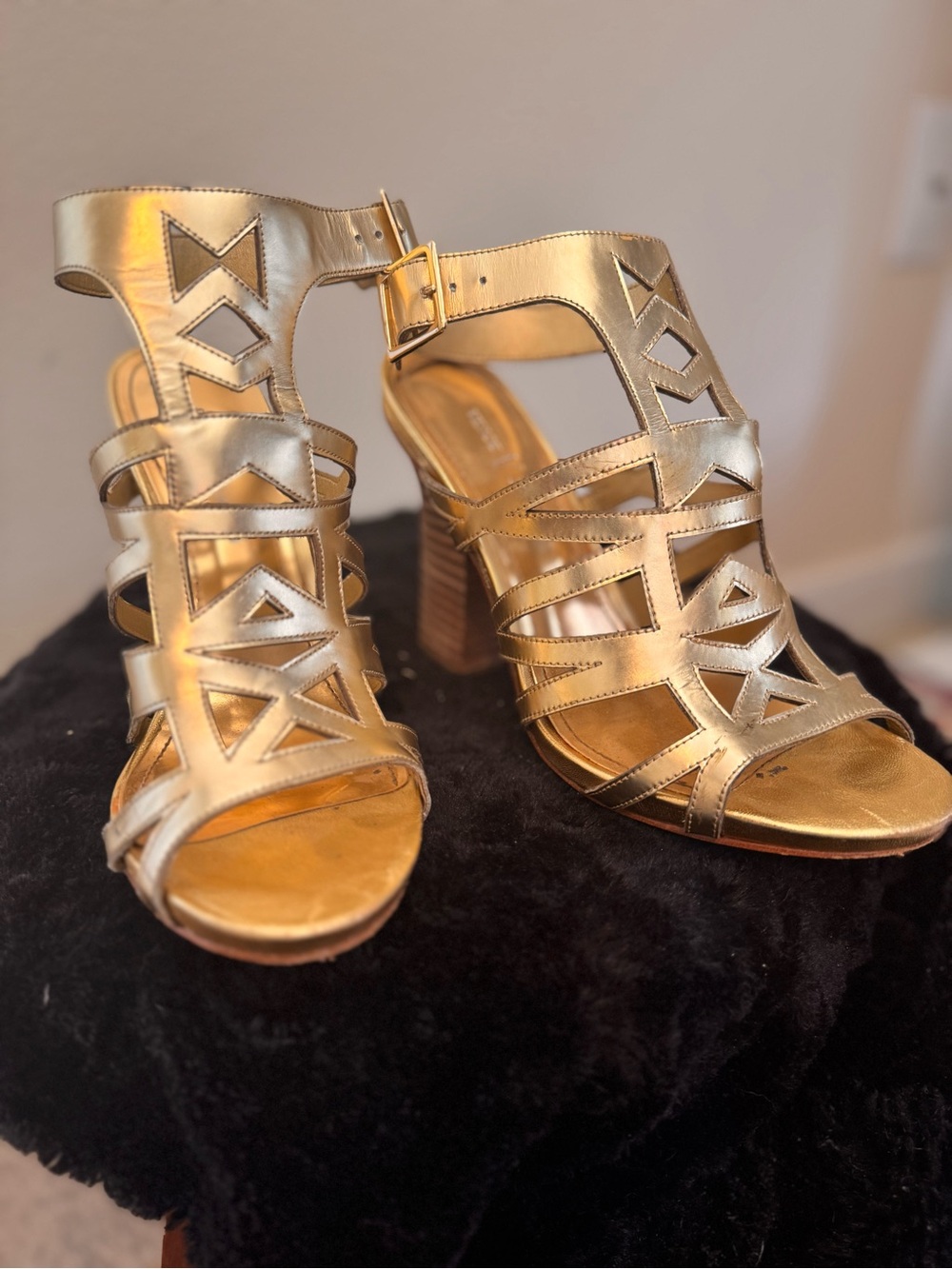 Vince Camuto Metallic Gold Geometric Cutout Heel Sandals